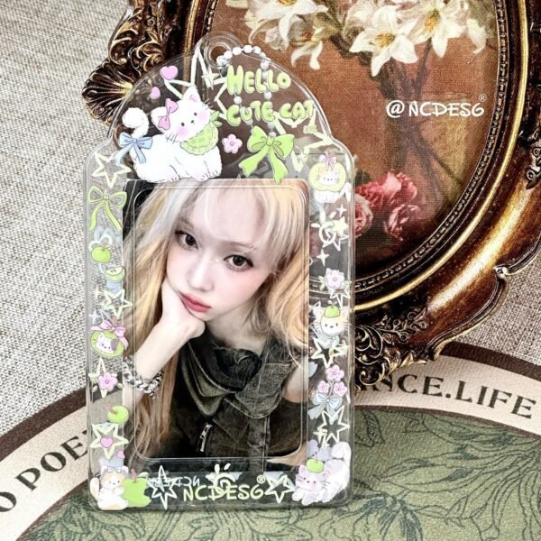 Me2U|Green Apple & Cute Cat - Themed PVC Card Holder with Whimsical Details