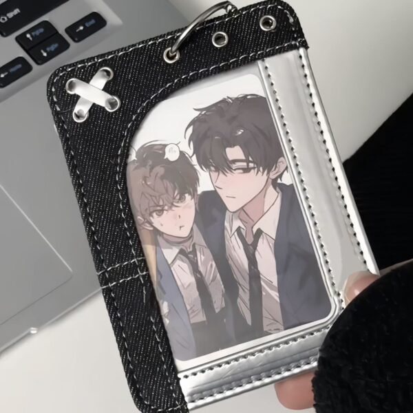 Me2U|Denim & Metallic Leather Anime Card Holder with Star Keychain